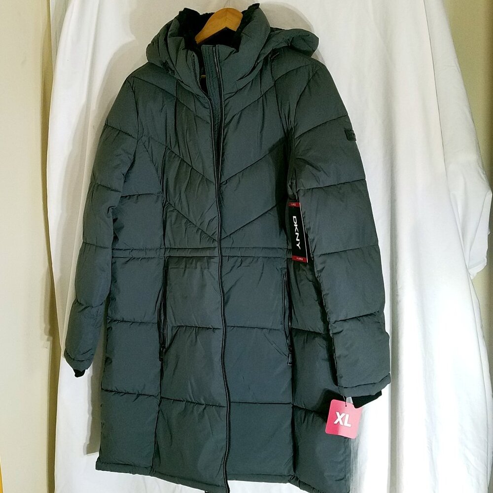 DKNY Long Quilted Puffer Jacket XL Gray New With Tags Removable Hood - Picture 14 of 16